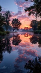 Serene river sunrise reflection