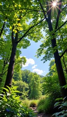 Fototapeta premium Sunlight filters through lush green trees in a vibrant forest scene on a clear, bright day with a blue sky and scattered clouds.