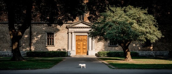 Obraz premium White Piglet near Historic Brick Building Cinematic Lighting Latvia