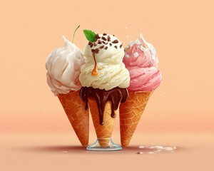 Three scoops of ice cream in cones