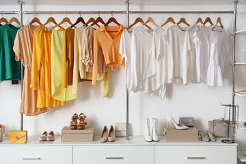 Interior of boutique with trendy clothes, shoes and accessories