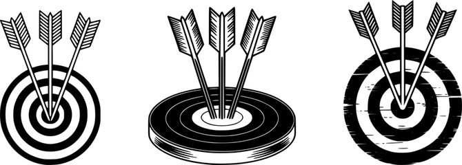 Minimalist Target with Three Arrows Vector – Hand Drawn Pen Illustration of Bullseye Hit with Grouped Arrows – Simple Black and White Archery, Accuracy and Success Concept for Logos, Posters and Print