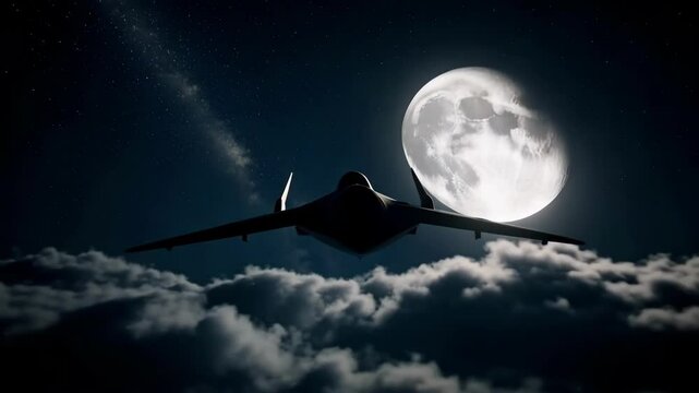 A B two stealth bomber glides silently across a moonlit night sky, its silhouette a stark contrast against the twinkling stars in stunning 4k footage.