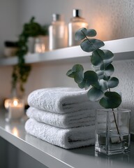 Spa bathroom, eucalyptus, towels, candles, wellness