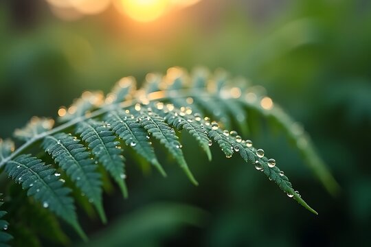 A close-up photograph of a misty fern leaf, with tiny droplets in soft dawn light