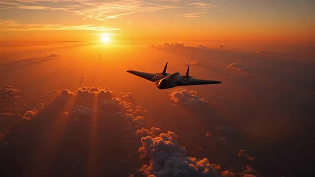 Witness a silent B-2 bomber aircraft gliding against a vibrant orange sunset sky as it disappears into the clouds, captured in stunning 4k detail.