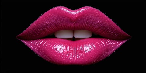 pink lips with lipstick on black background .