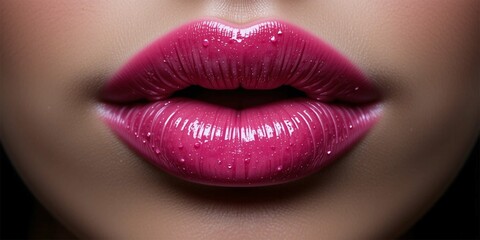 pink lips with lipstick on black background .