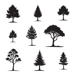 Vector tree silhouettes collection with diverse leaves and branches for nature-inspired design
