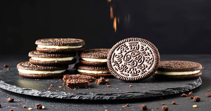 A stack of chocolate sandwich cookies with cream filling on a dark stone surface, surrounded by crumbs