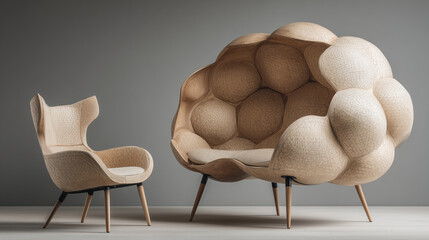 Minimalist modern room featuring a beige bubble-textured sofa and matching armchair with wooden legs against a neutral backdrop.