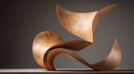 A flowing abstract wooden sculpture with smooth, curved forms dancing against a neutral backdrop, evoking modern art and elegant organic movement.