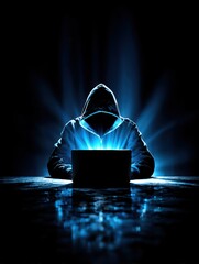 Silhouette hacker at laptop