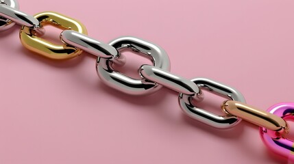 Obraz premium Metallic chain links in various colors on a soft pink background creating a modern aesthetic