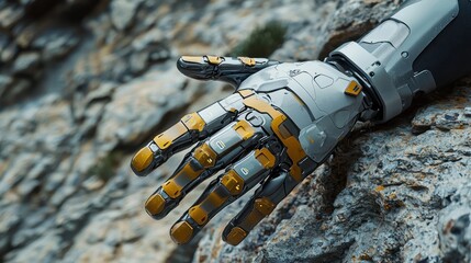 A futuristic robotic prosthetic hand with AI-driven movement and touch sensitivity