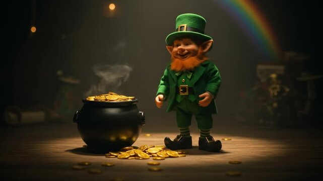 Leprechaun's Treasure: A jovial leprechaun stands proudly beside a steaming pot overflowing with gold coins, with a colorful rainbow arcing in the background.