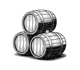 Three old wooden casks, hand drawn in sketch style. Oak barrels illustration