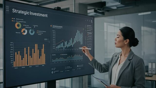Businesswoman analyzing strategic investment data on screen