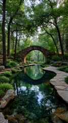 Tranquil garden bridge reflecting