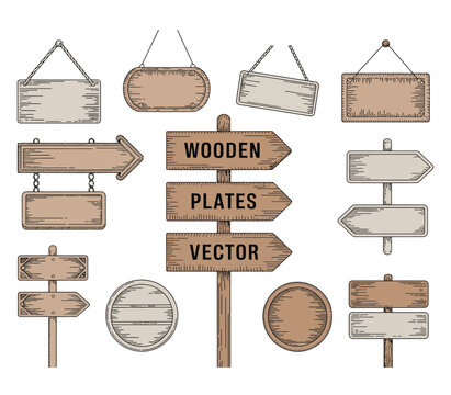 Set wooden banner, sign posts or boards. Signboard, signpost with signs indicating direction. Sketch vintage vector
