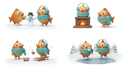 Fototapeta premium Cute fish characters enjoying winter activities