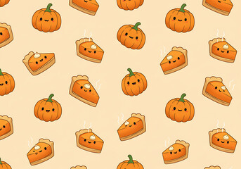 Obraz premium Seamless Pattern of Cute Cartoon Pumpkins and Pumpkin Pie Slices.