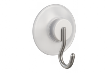 Metallic hook with white plastic suction pad, hanging lightweight objects securely without drilling, positioned against clear surface backdrop