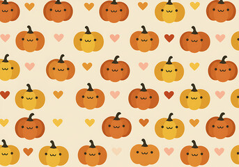Obraz premium Seamless Pattern of Cute Cartoon Pumpkins with Hearts on Beige Background.