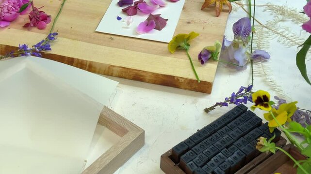 Botanical printmaking preparation &ndash; colorful fresh flowers arranged on board, DIY floral art setup in natural palette with hammer and craft tools, top view