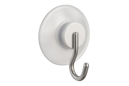 Metallic hook with white plastic suction pad, hanging lightweight objects securely without drilling, positioned against clear surface backdrop