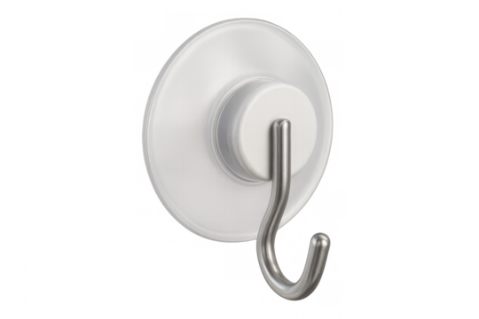 Metallic hook with white plastic suction pad, hanging lightweight objects securely without drilling, positioned against clear surface backdrop