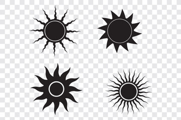 Sun icon set. Vector flat design. Collection of sun stars for use in as logo or weather icon. Yellow suns circles, bright natural lighting objects.