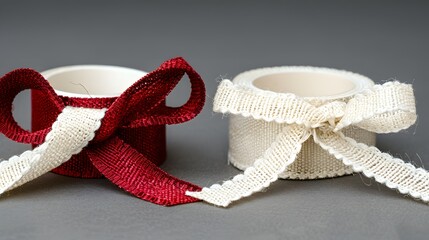 Elegant red and white ribbon rolls with bows arranged on a smooth grey background