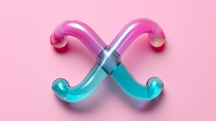 Colorful Transparent Plastic Object with Curved Ends on Bright Pink Background