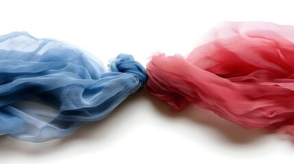 Soft Textiles in Blue and Red Colors Gracefully Intertwined on a White Background