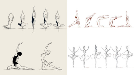 Elegant line art illustrations of women performing yoga and dance poses, expressing movement, grace, and balance in a minimalist, fluid sketch style.

