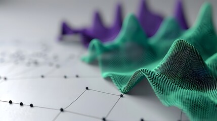 Abstract Data Visualization with Waves and Lines in Green and Purple Tones on a Gray Background