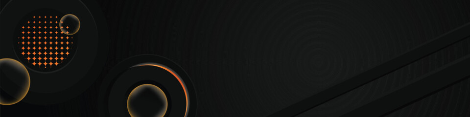 Black template horizontal banner background with gradient orange shining light effect graphic