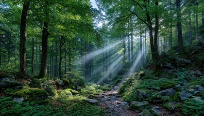 Obraz premium Sunbeams in a lush forest