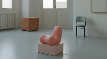 Modern Minimalist Furniture in Bright Spacious Interior with Unique Shaped Seat Design