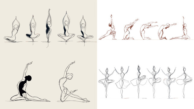 Elegant line art illustrations of women performing yoga and dance poses, expressing movement, grace, and balance in a minimalist, fluid sketch style.

