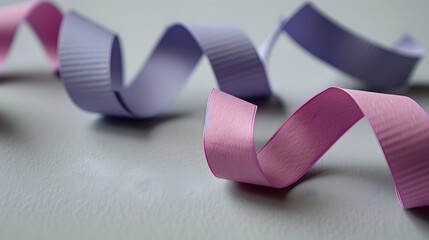 Twisted Paper Ribbons in Lavender and Pink on a Soft Gray Surface for Creative Projects
