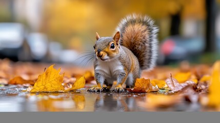 A squirrel standing on a wet street surrounded by autumn leaves, set against a blurred urban background, showing the contrast between wildlife and city life.