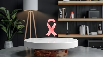 3D Pink Ribbon Symbol on Modern Display in Stylish Interior Room with Home Decor Elements