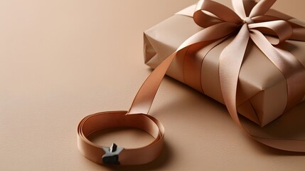 Elegant Gift Wrapped with Soft Pink Ribbon on a Neutral Background for Celebration Occasions