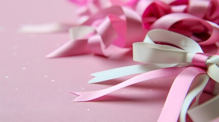 Colorful Ribbons and Bows Arranged Artistically on a Soft Pink Background for Creative Projects