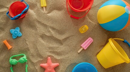 Flat Lay of Kids' Colorful Summer Beach Toys on Sand