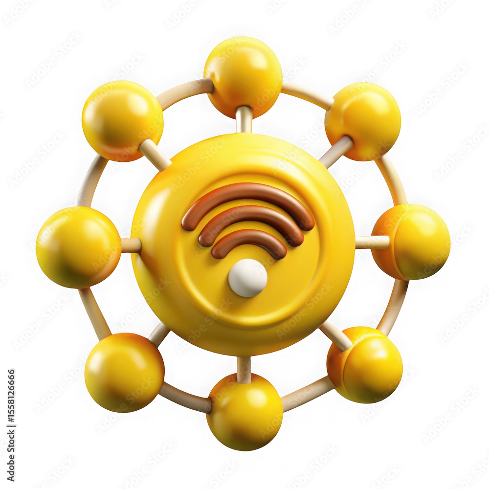 Poster a 3d render of a yellow wifi symbol surrounded by spheres, isolated on transparent background