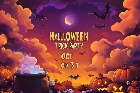 Festive illustration showcasing halloween trick party decorations featuring pumpkins bats cauldron and spooky atmosphere on october 31st