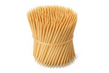Wooden toothpicks tightly bundled with rubber band, clustered together against translucent backdrop